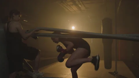 Woman Going to Boxing Ring while Training before Competition Stock Footage 255892564