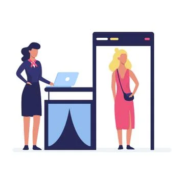 Woman going through the metal scanner. Security control Illustrazione stock