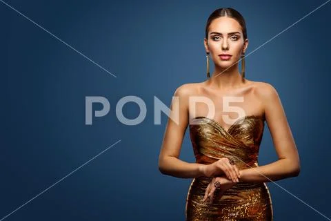 Woman Gold Dress, Fashion Model Sparkling Sequin Gown, Girl Beauty Portrait Stock Photos