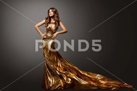 Woman Gold Dress, Fashion Model Gown, Long Tail Train, Girl Beauty Portrait Stock Photos
