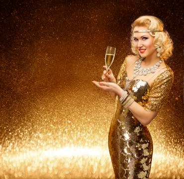 Woman Gold, VIP Lady Champagne Glass, Fashion Model Golden Retro Dress Stock Photos