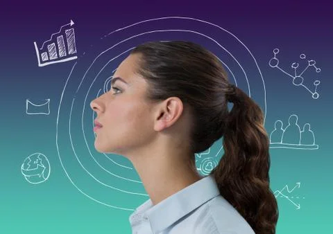 Woman with gradient background and interface doodle overlay Foto stock