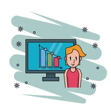 Woman with graphs on computer Illustrazione stock