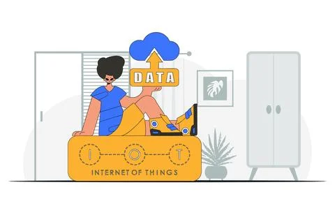 Woman is grasping a cloud storage device with modern, vector character style. イラスト素材