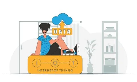 The woman grasps a modern, vector.style cloud storage device in her hands. イラスト素材