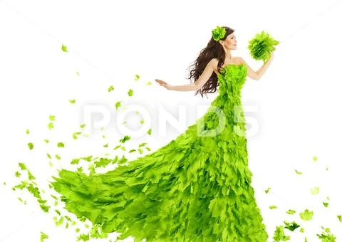 Woman Green Leaves Dress, Fantasy Creative Beauty Floral Gown, Fashion Stock Photos