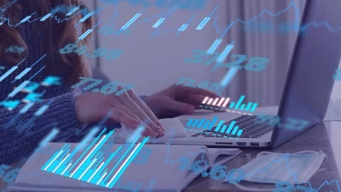 Woman gripping mouse while using notebook, typing and analyzing finance blue bar Stock Footage 335282437