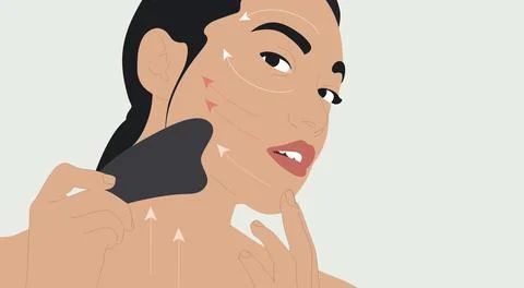 Woman with Gua Sha facial massage tool. Stock Illustration