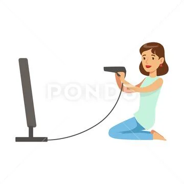 Woman With Gun Joystick Shooting,Part Of Happy Gamers Enjoying Playing Video Stock Illustration