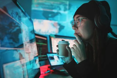 Woman, hacker and computer with thinking, night and coffee for analysis, cyber Stock Photos