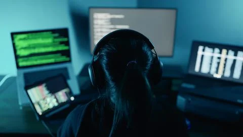 Woman hacker using computer breaks into data servers infects systems with virus. Stock Photos