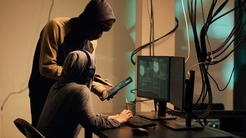Woman hacker using her knowledge of computer systems Stock Photos
