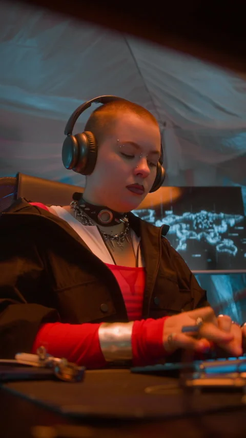 Woman Hacking on Computer Fist Bumping Colleague Coworking in Cyberpunk Office Stock Footage 327632142