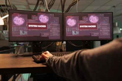 Woman hacking password, coding virus program, typing on keyboard Stock Photos