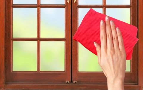 Woman hand cleaning the window 写真素材