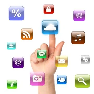 Woman hand pressing cloud computing icon Foto stock