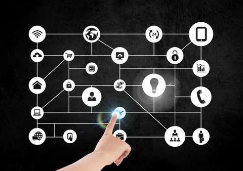 Woman hand touching digital interface design Stock Photos