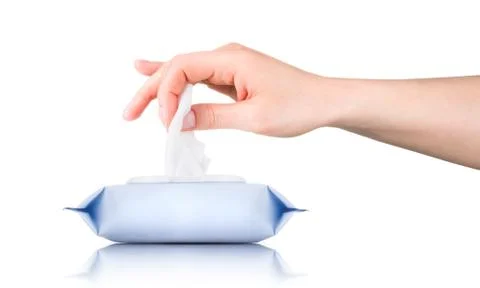 Woman hand use antibacterial wet wipes or tissue isolated on a white background Stock Photos