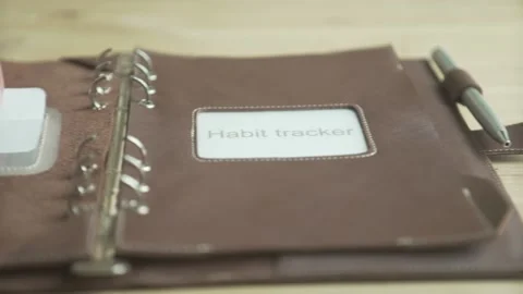 Woman hand using light brown leather case elegant daily planner habit tracker no Stock Footage 137538963