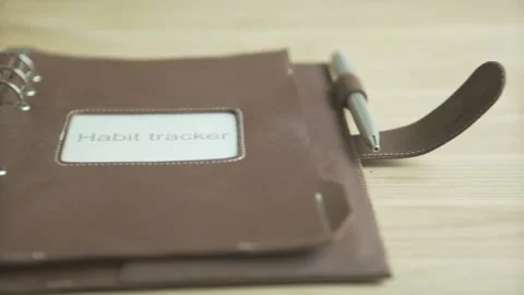Woman hand using light brown leather case elegant daily planner note pad book ha Stock Footage 137538968