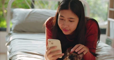 Woman Hand Using Smartphone while Stroking Calico Cat Head on Bed Vidéo 334583841