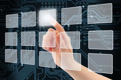 Woman hand using touch screen interface . Foto stock