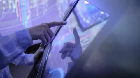Woman hand using touchscreen display of interactive kiosk at exhibition Stock Footage 143931726