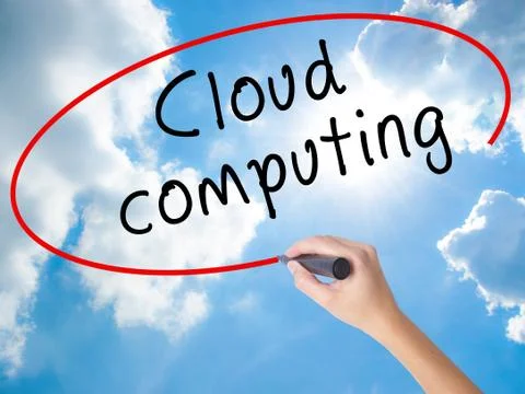Woman Hand Writing Cloud computing with black marker on visual screen Foto stock