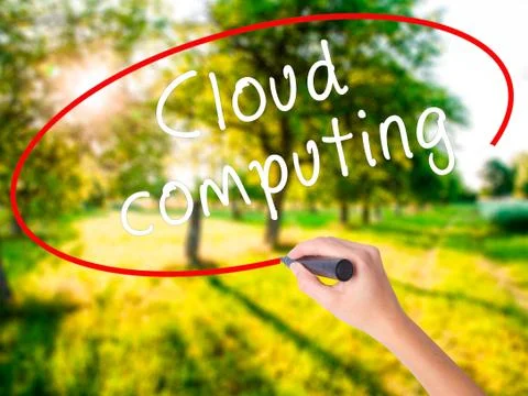 Woman Hand Writing Cloud computing with a marker over transparen Foto stock