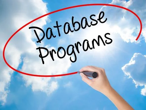 Woman Hand Writing Database Programs with black marker on visual screen. Foto stock
