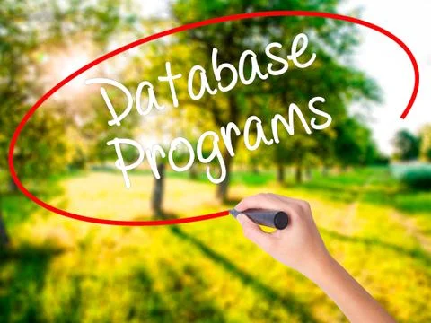 Woman Hand Writing Database Programs with a marker over transpar Foto stock