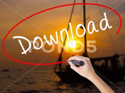 Woman Hand Writing Download with a marker over transparent board Stock Photos