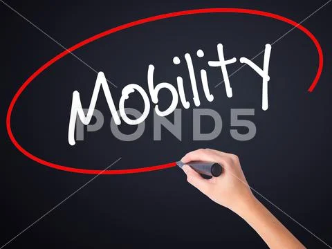 Woman Hand Writing Mobility with a marker over transparent board Stock Photos