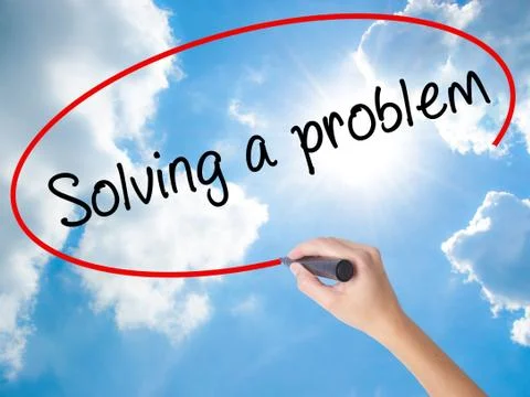 Woman Hand Writing Solving a problem with black marker on visual screen Stock Photos