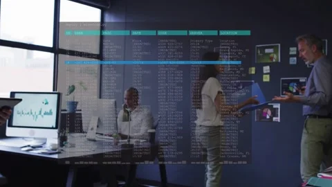 Woman handing folder sparking data overlay while team moving charts checking Stock Footage 332685847