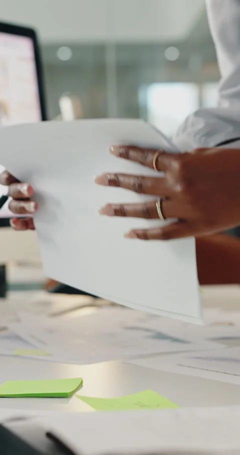 Woman, hands and data analysis in office with paperwork, sales performance and Stock Footage 336774902