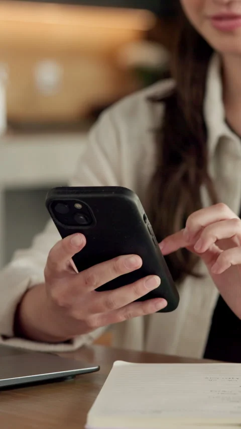 Woman, hands and elearning in house with phone, blog or student check social Stock Footage 336656181