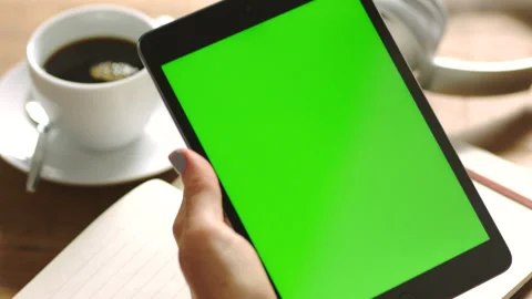 Woman, Hands And Green Screen Tablet At  