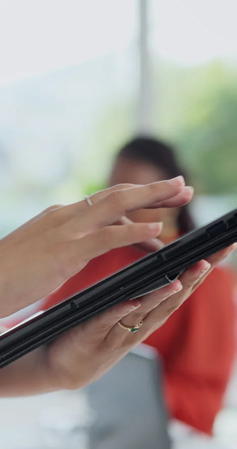 Woman, hands and scroll in creative agency with tablet, internet and research Stock Footage 340747011