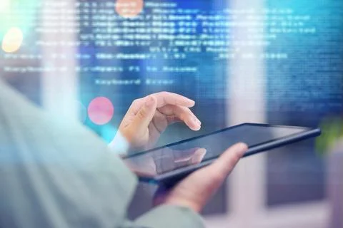 Woman, hands and tablet with coding overlay in digital transformation, software Stock Photos