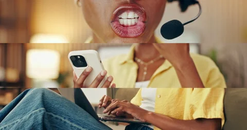 Woman, hands and tech with remote work, communication and montage for virtual Stock Footage 337496236