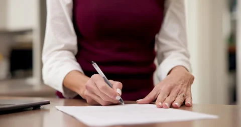 Woman, hands and writing with document for signature, legal agreement or Stock Footage 345703226