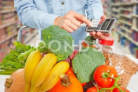 Woman Hands With Grocery Food And Calculator.