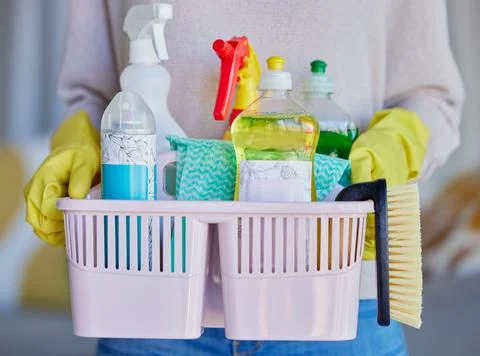 Woman, hands or cleaning container of housekeeping products for home cleaner Stock Photos