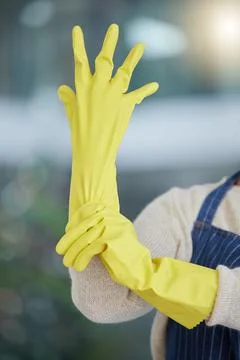 Woman, hands or cleaning gloves for home cleaner, housekeeping service maid or Stock Photos