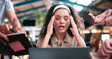 Woman, hands or multitasking with headache in office for chaos, overwhelming Stock Footage 336303152