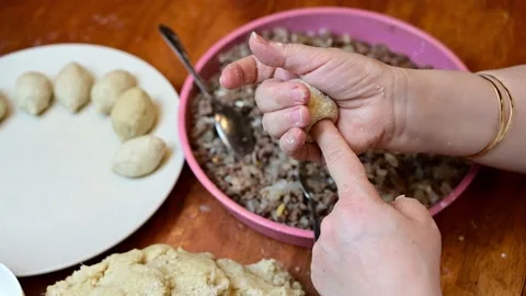 Woman hands preparing middle eastern food Kibbah Stock Footage