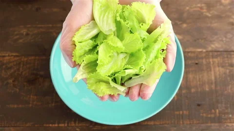 Woman hands put fresh lettuce leaves into plate top view close up Stock Footage