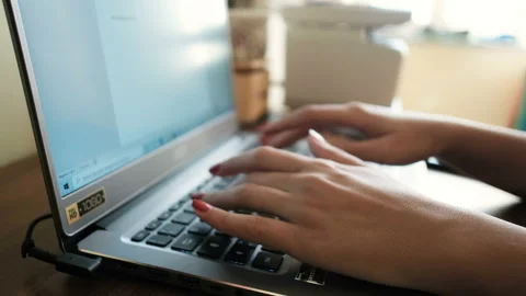Woman hands view while using laptop for smart working,covid-19 pandemic disease Stock Footage 140825698