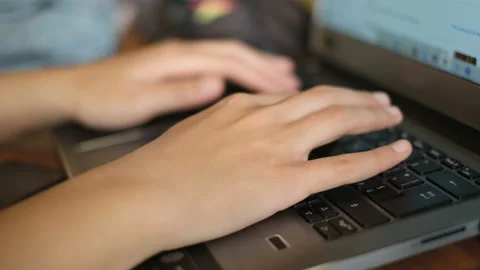 Woman hands view while using laptop for smart working,covid-19 pandemic disease Stock Footage 153440247